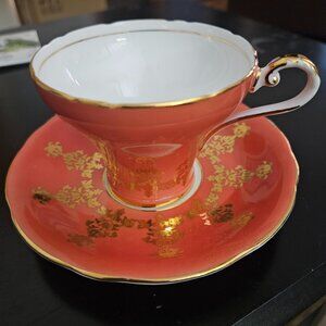 vintage aynsley orange teacup and saucer gold fern bone beautiful